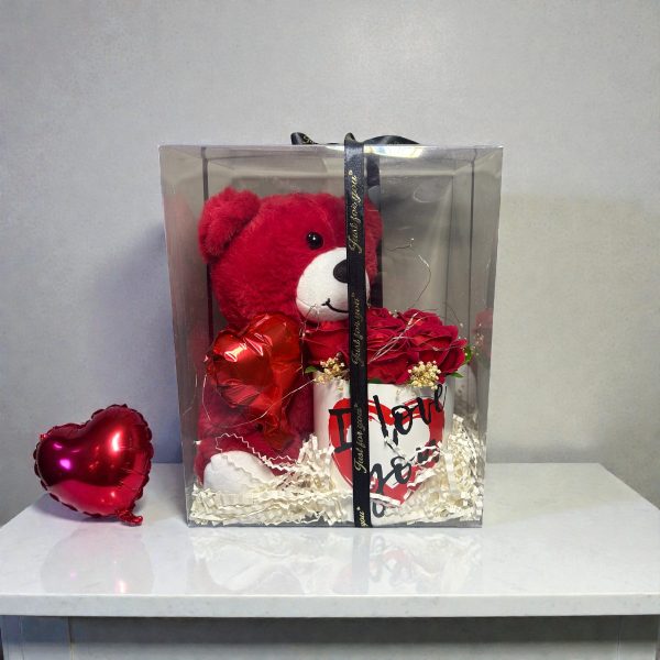 Işıklı Ayıcıklı Kalp Detay Yapay Gül Kutusu