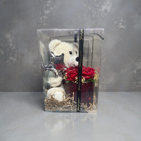 Işıklı Ayıcıklı Yıldız Detay Yapay Gül Kutusu