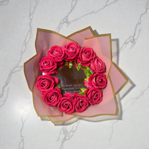 Işıklı Yazı Detay Aynalı Yapay Fuşya Gül Buketi